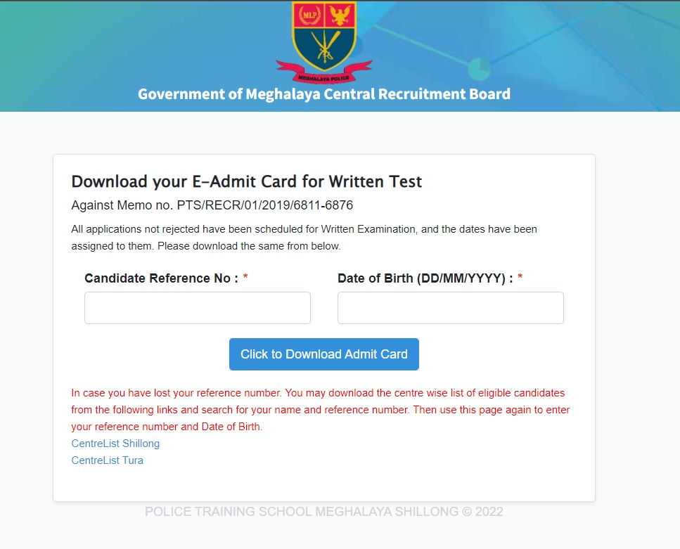Download Meghalaya Police Written Exam Admit Card 2022